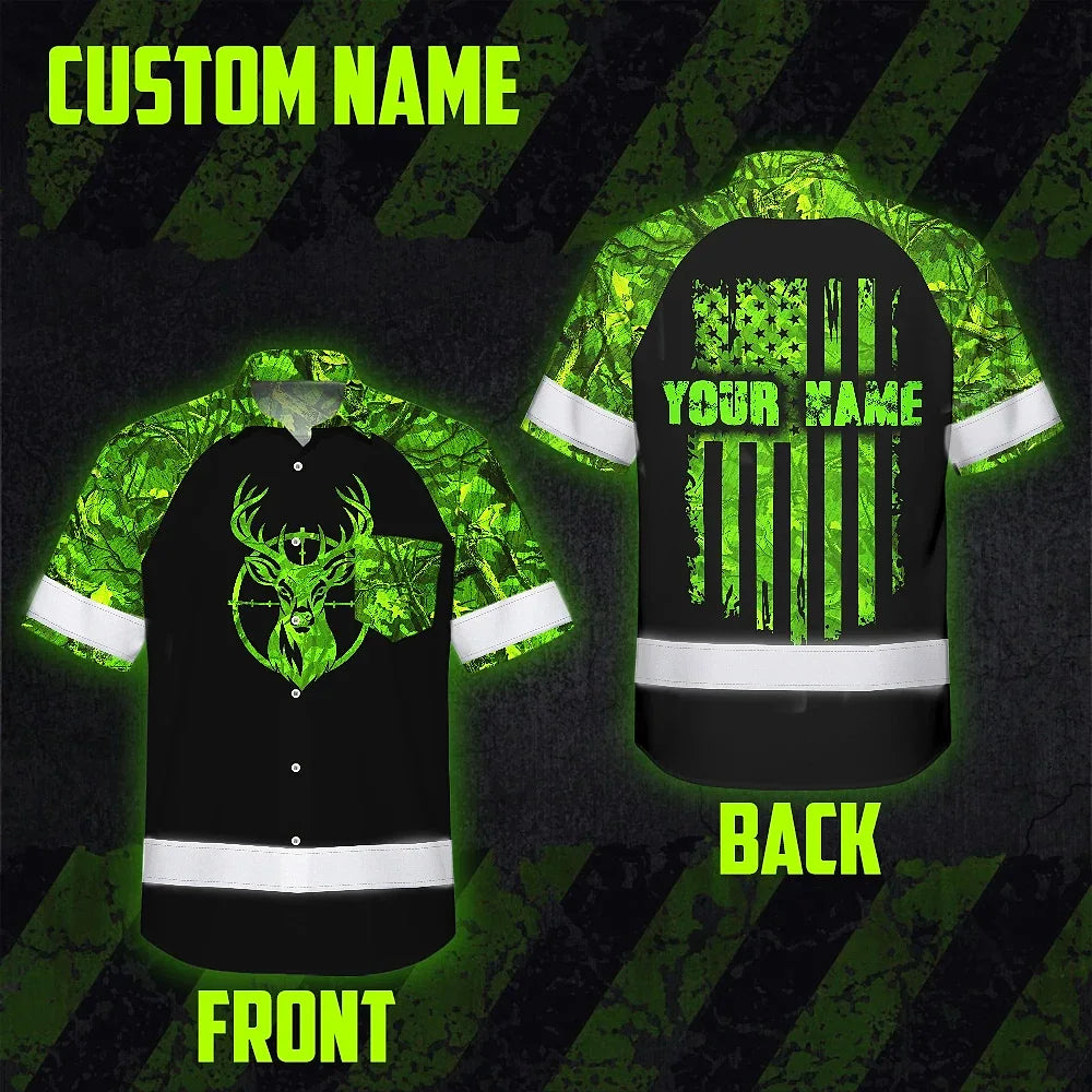 High Visibility Hawaiian Shirt Reflective Black And Green Camo Deer Hunting Custom Name Safety Workwear