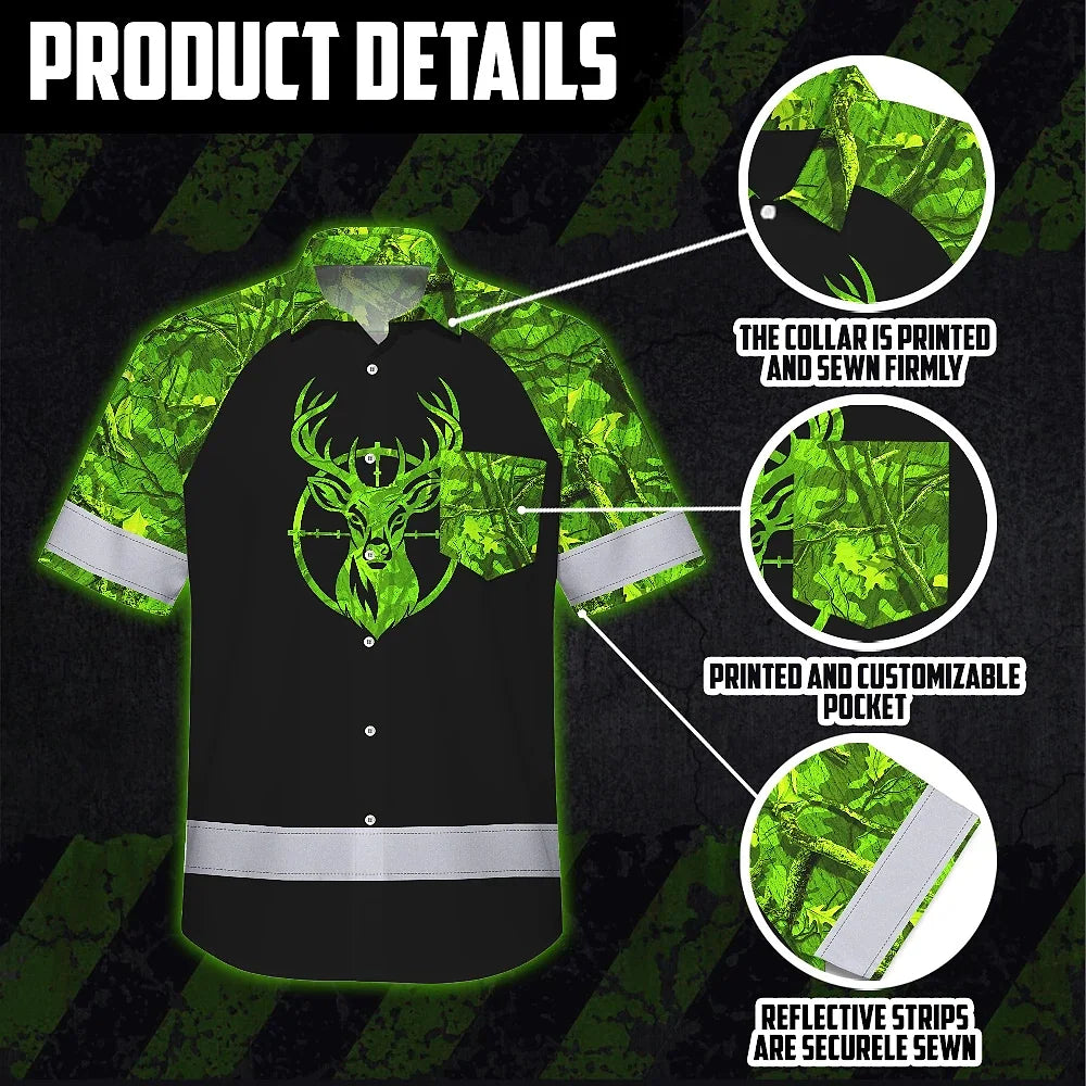 High Visibility Hawaiian Shirt Reflective Black And Green Camo Deer Hunting Custom Name Safety Workwear