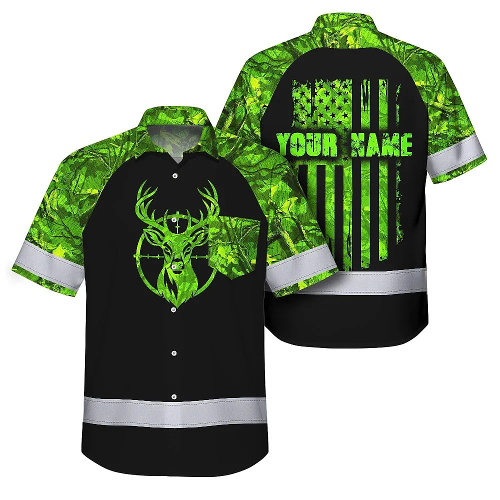 High Visibility Hawaiian Shirt Reflective Black And Green Camo Deer Hunting Custom Name Safety Workwear