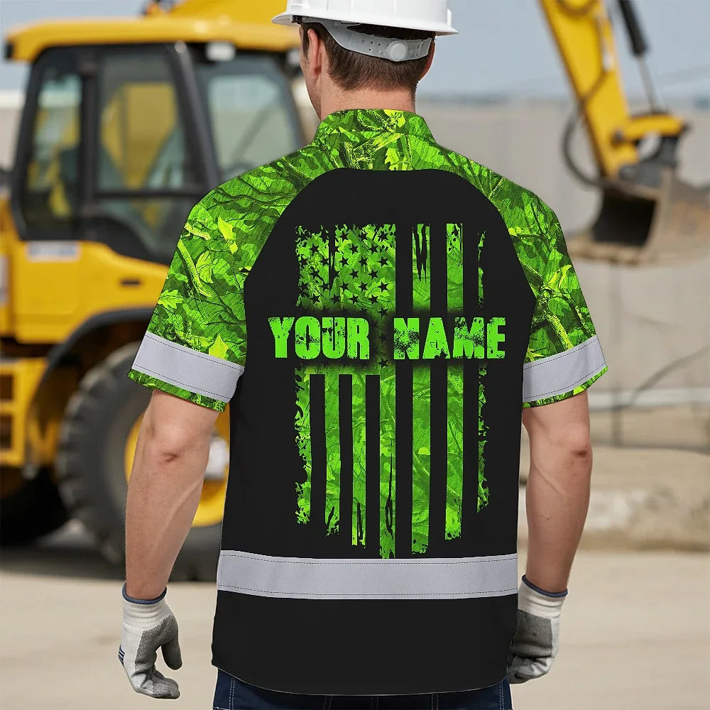 High Visibility Hawaiian Shirt Reflective Black And Green Camo Deer Hunting Custom Name Safety Workwear