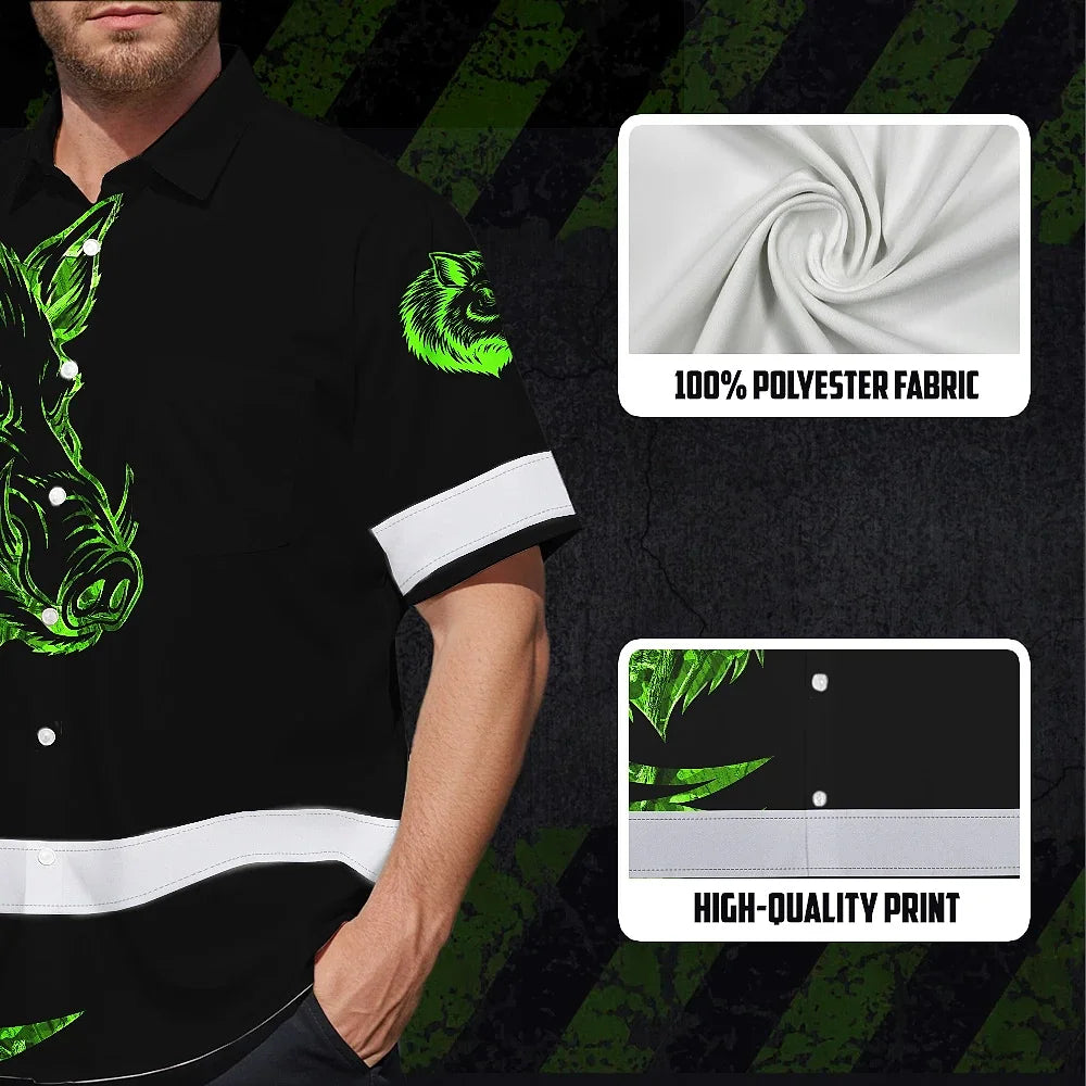 High Visibility Hawaiian Shirt Reflective Black And Green Camo Wild Boar Hunting Custom Name Safety Workwear