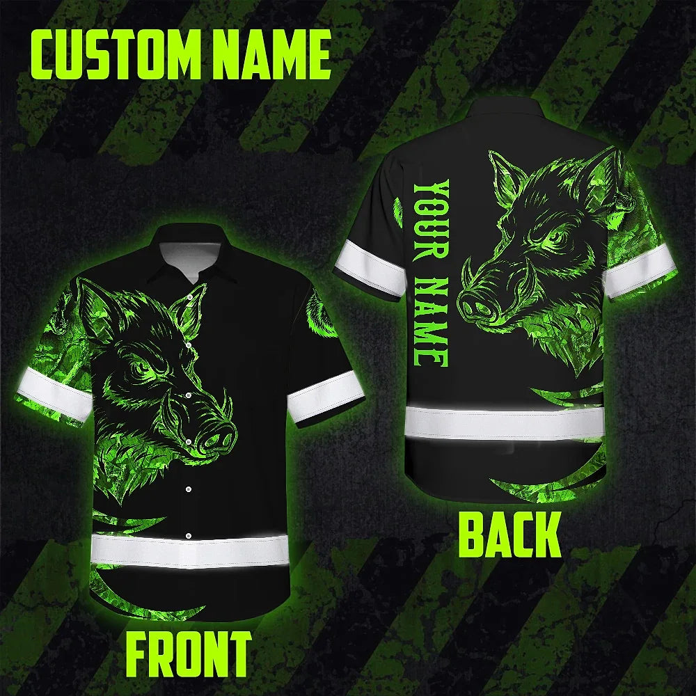 High Visibility Hawaiian Shirt Reflective Black And Green Camo Wild Boar Hunting Custom Name Safety Workwear