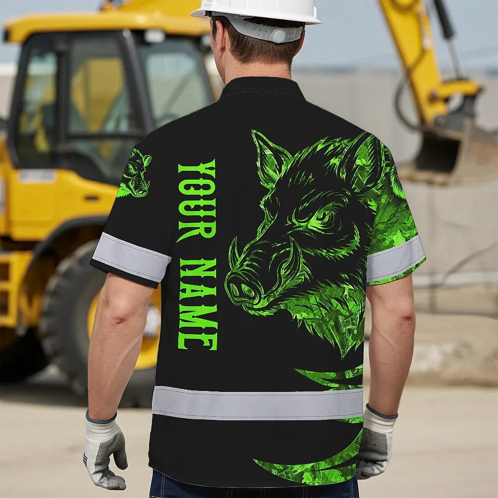 High Visibility Hawaiian Shirt Reflective Black And Green Camo Wild Boar Hunting Custom Name Safety Workwear