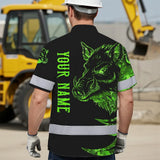 High Visibility Hawaiian Shirt Reflective Black And Green Camo Wild Boar Hunting Custom Name Safety Workwear