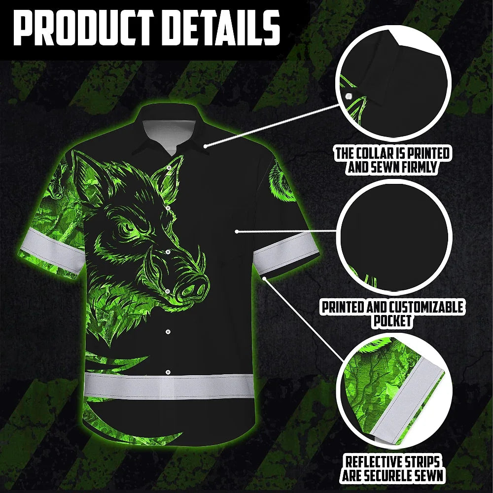 High Visibility Hawaiian Shirt Reflective Black And Green Camo Wild Boar Hunting Custom Name Safety Workwear
