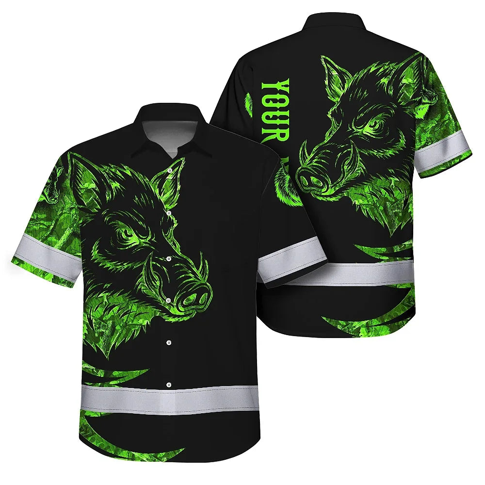 High Visibility Hawaiian Shirt Reflective Black And Green Camo Wild Boar Hunting Custom Name Safety Workwear