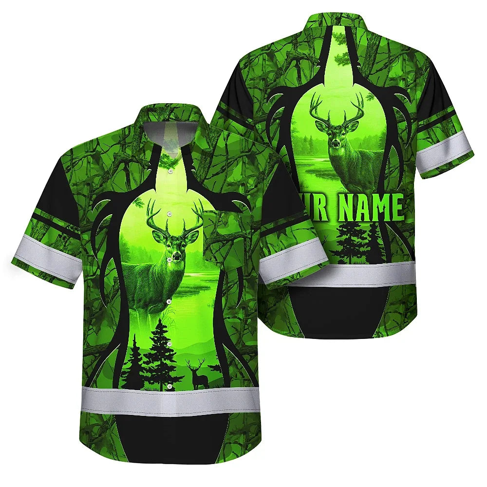 High Visibility Hawaiian Shirt Reflective Black And Green Neon 2 Hunting Custom Name Safety Workwear For Company, Group, Team, Hunters, Hunting Lovers