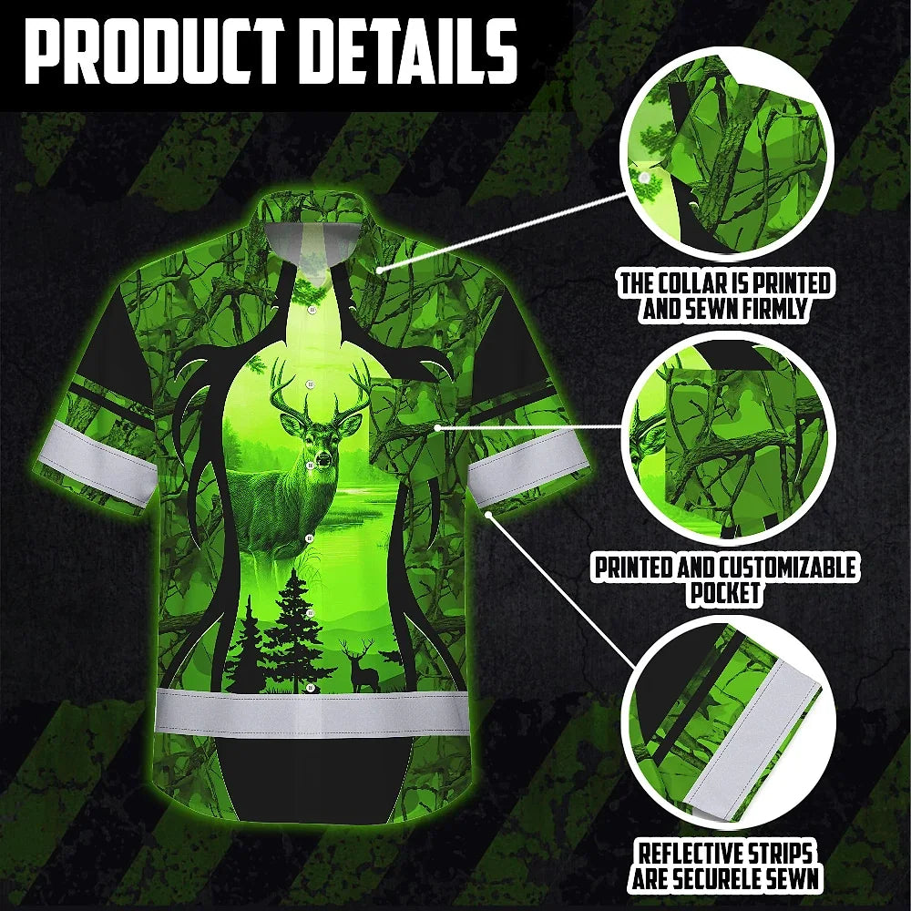 High Visibility Hawaiian Shirt Reflective Black And Green Neon 2 Hunting Custom Name Safety Workwear For Company, Group, Team, Hunters, Hunting Lovers