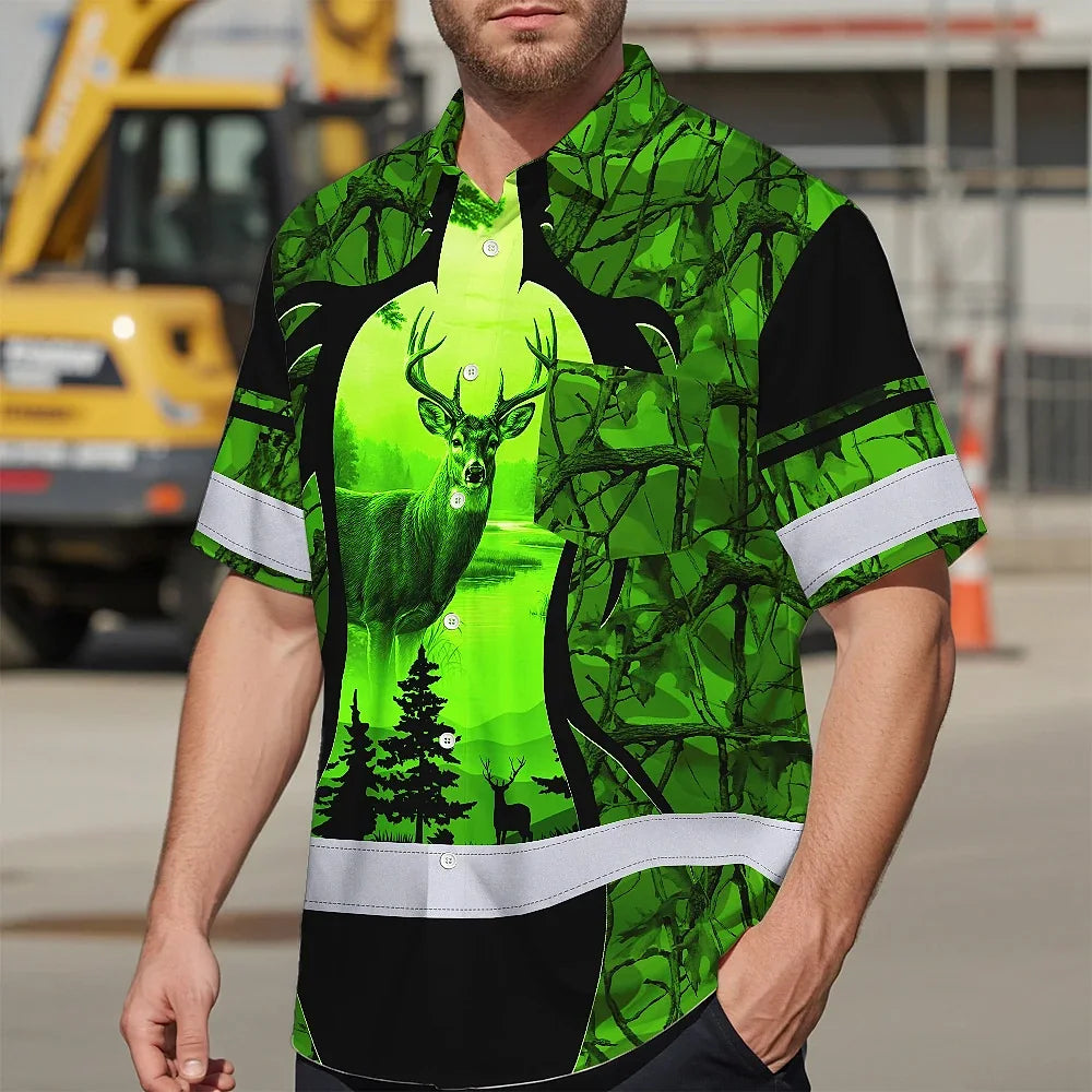 High Visibility Hawaiian Shirt Reflective Black And Green Neon 2 Hunting Custom Name Safety Workwear For Company, Group, Team, Hunters, Hunting Lovers
