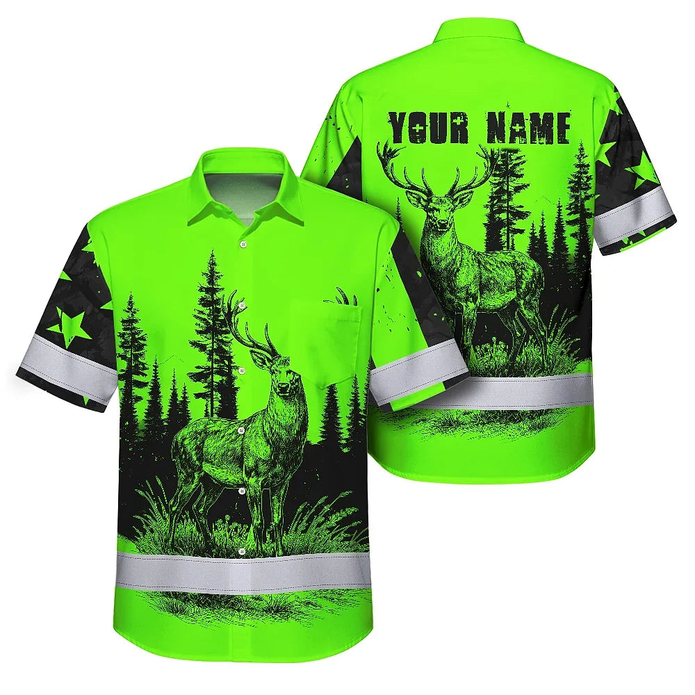 High Visibility Hawaiian Shirt Reflective Black And Green Neon Hunting Custom Name Safety Workwear For Company, Group, Team, Hunters, Hunting Lovers