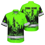 High Visibility Hawaiian Shirt Reflective Black And Green Neon Hunting Custom Name Safety Workwear For Company, Group, Team, Hunters, Hunting Lovers