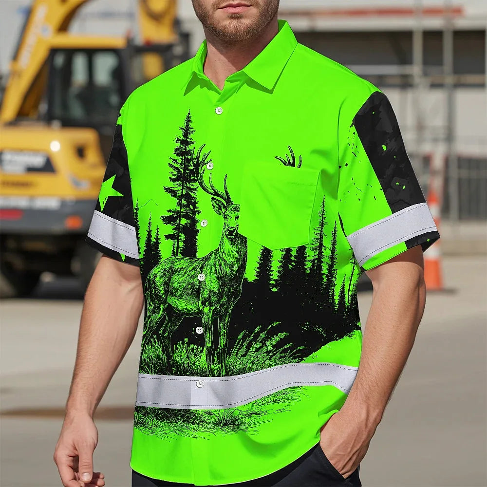 High Visibility Hawaiian Shirt Reflective Black And Green Neon Hunting Custom Name Safety Workwear For Company, Group, Team, Hunters, Hunting Lovers