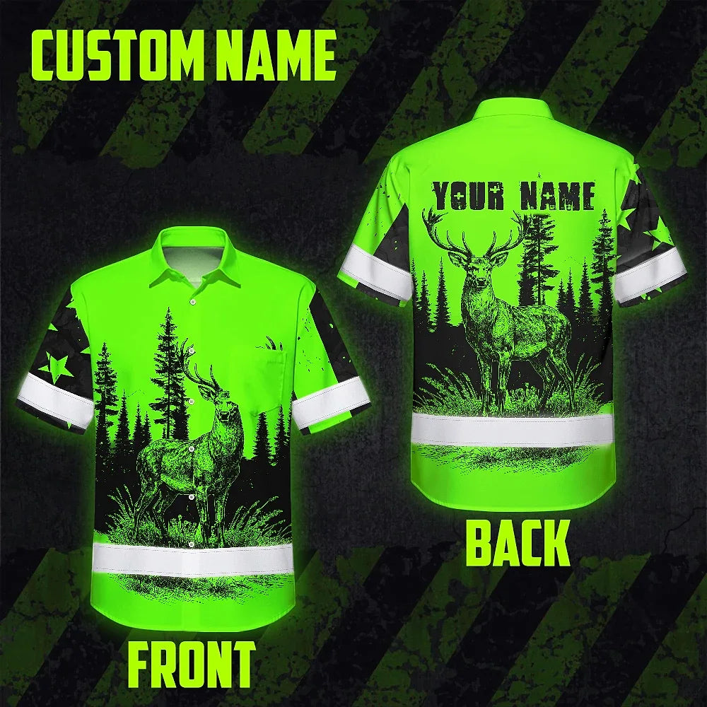 High Visibility Hawaiian Shirt Reflective Black And Green Neon Hunting Custom Name Safety Workwear For Company, Group, Team, Hunters, Hunting Lovers