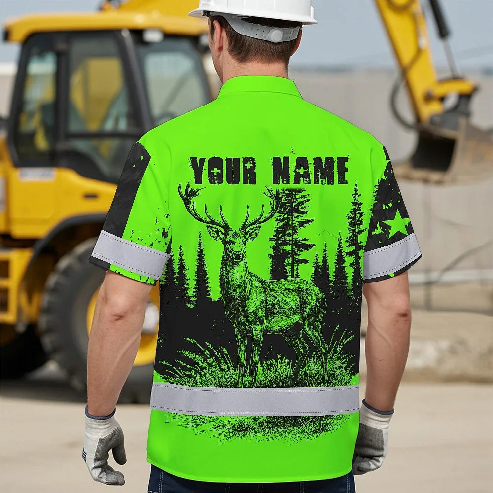 High Visibility Hawaiian Shirt Reflective Black And Green Neon Hunting Custom Name Safety Workwear For Company, Group, Team, Hunters, Hunting Lovers