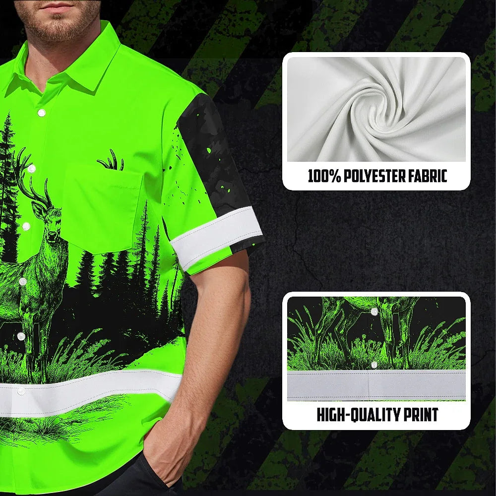 High Visibility Hawaiian Shirt Reflective Black And Green Neon Hunting Custom Name Safety Workwear For Company, Group, Team, Hunters, Hunting Lovers