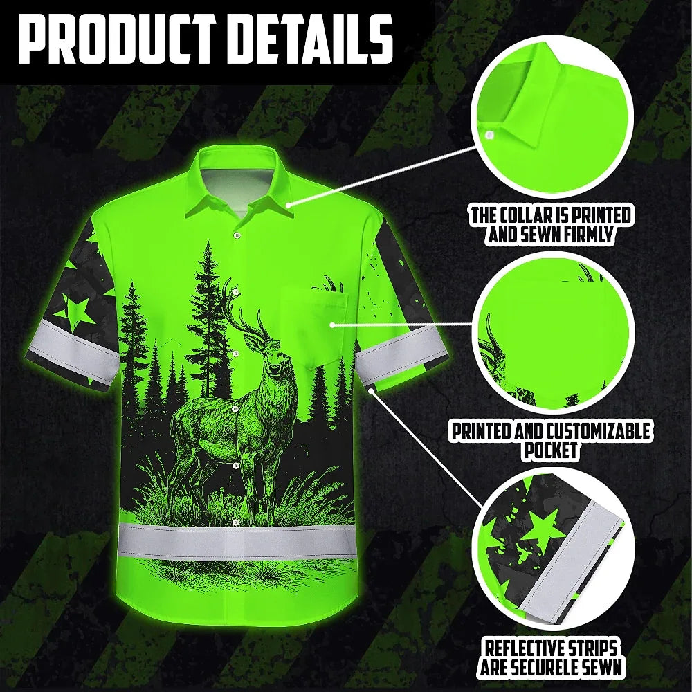 High Visibility Hawaiian Shirt Reflective Black And Green Neon Hunting Custom Name Safety Workwear For Company, Group, Team, Hunters, Hunting Lovers