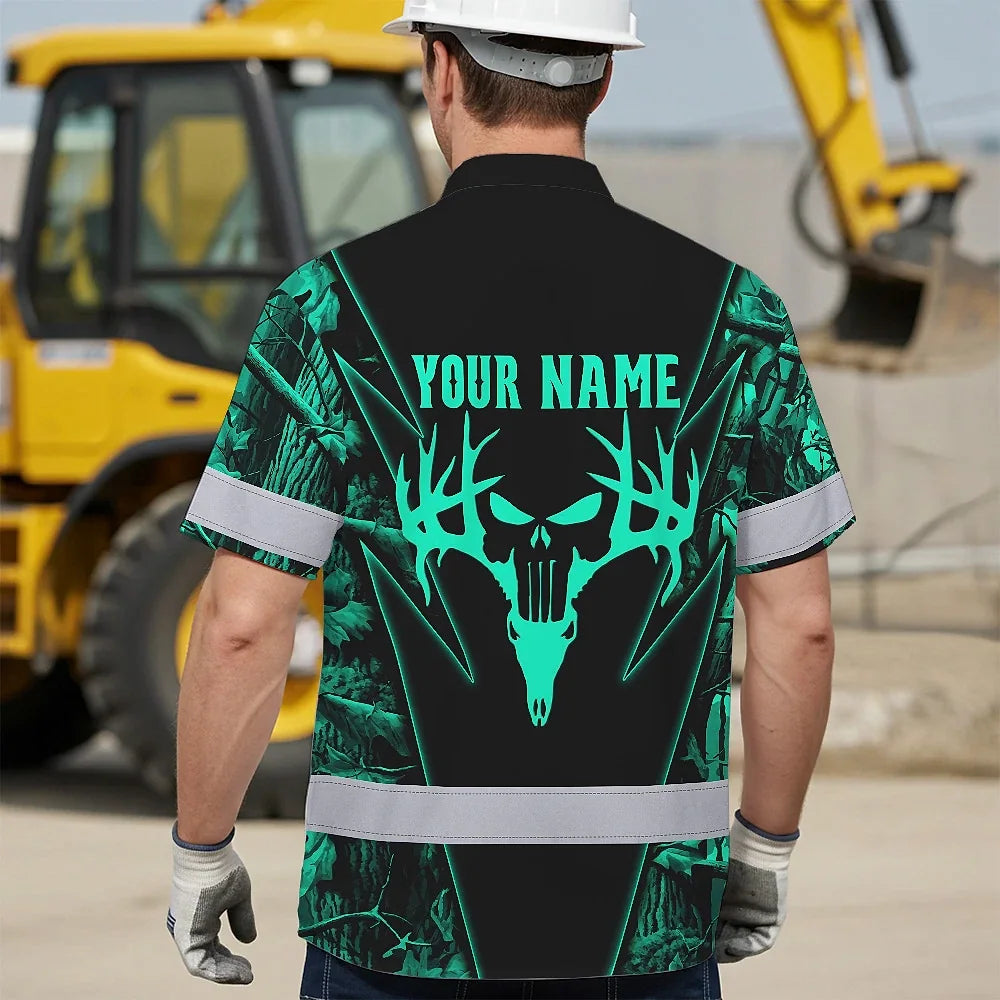 High Visibility Hawaiian Shirt Reflective Black And Mint Neon Hunting Custom Name Safety Workwear For Company, Group, Team, Hunters, Hunting Lovers