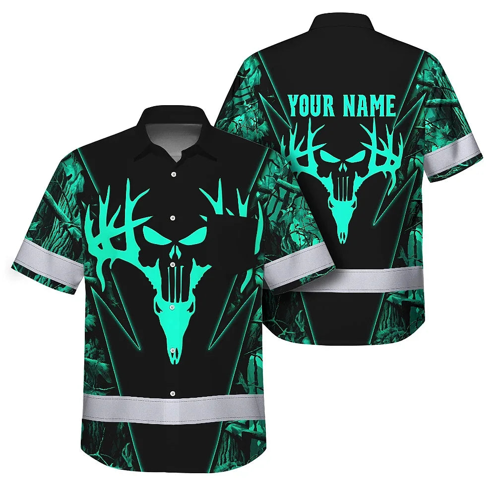 High Visibility Hawaiian Shirt Reflective Black And Mint Neon Hunting Custom Name Safety Workwear For Company, Group, Team, Hunters, Hunting Lovers