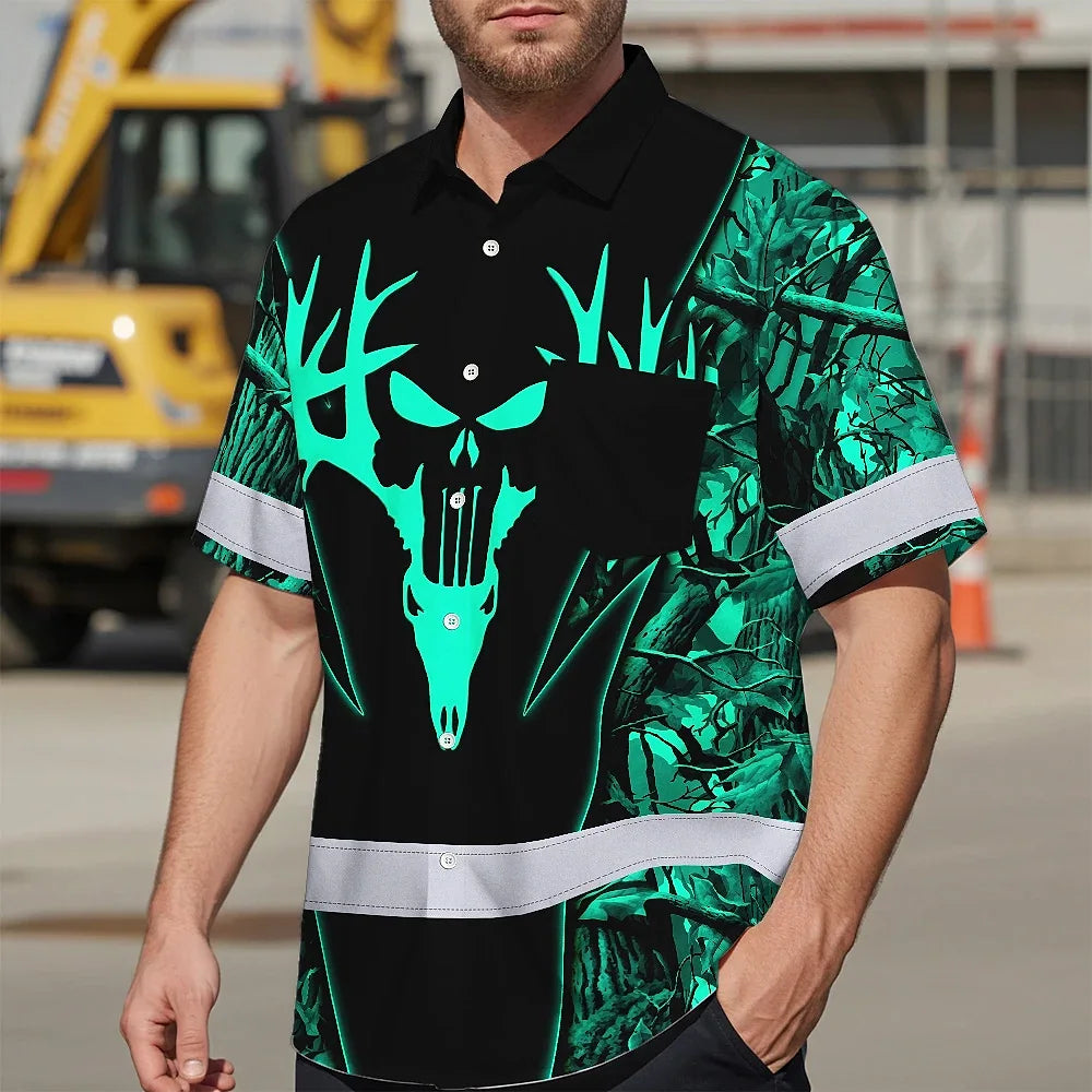 High Visibility Hawaiian Shirt Reflective Black And Mint Neon Hunting Custom Name Safety Workwear For Company, Group, Team, Hunters, Hunting Lovers