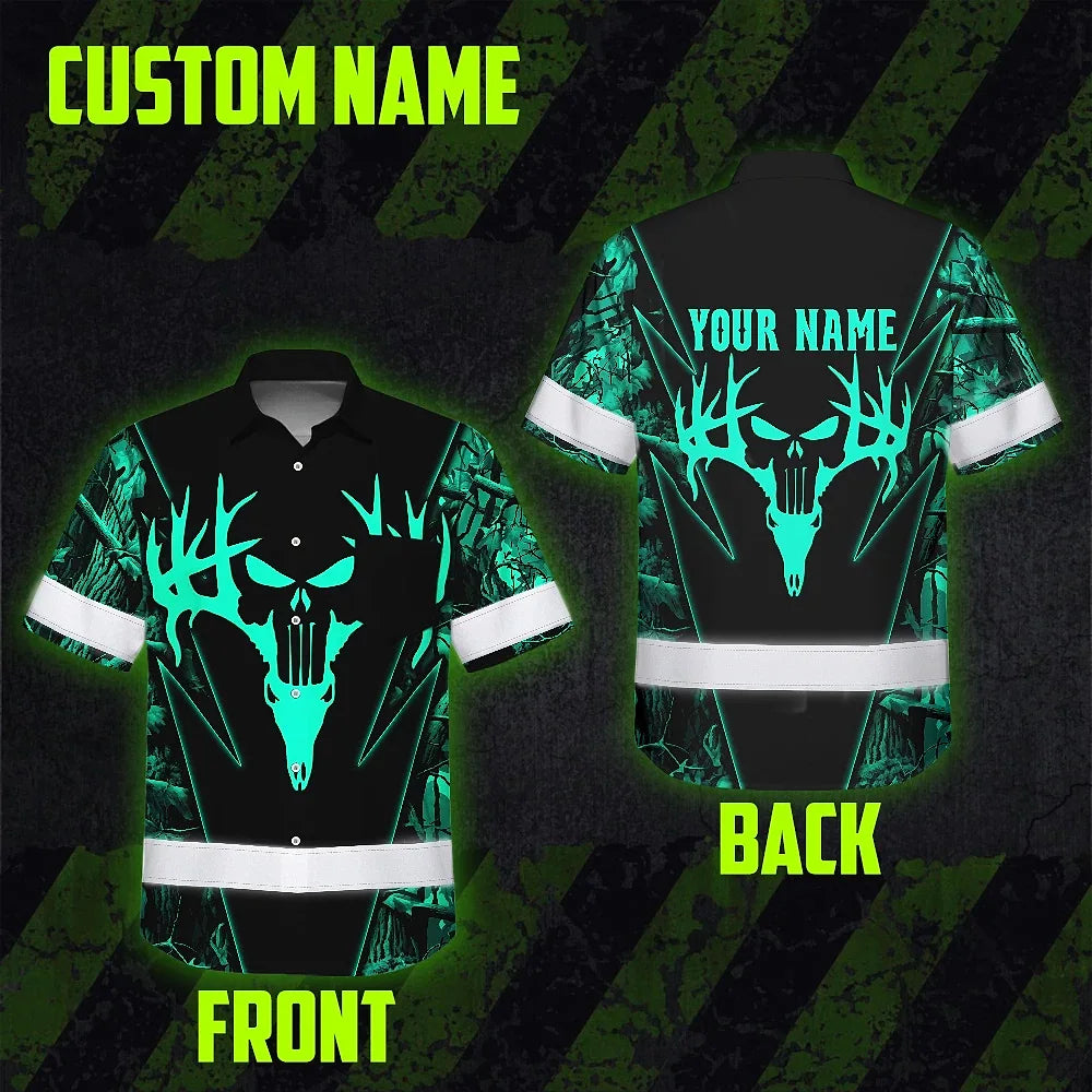 High Visibility Hawaiian Shirt Reflective Black And Mint Neon Hunting Custom Name Safety Workwear For Company, Group, Team, Hunters, Hunting Lovers