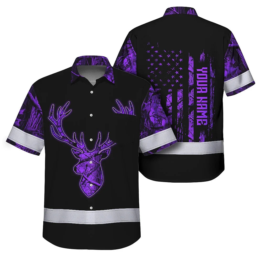 High Visibility Hawaiian Shirt Reflective Black And Violet Neon Hunting Custom Name Safety Workwear For Company, Group, Team, Hunters, Hunting Lovers
