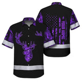 High Visibility Hawaiian Shirt Reflective Black And Violet Neon Hunting Custom Name Safety Workwear For Company, Group, Team, Hunters, Hunting Lovers