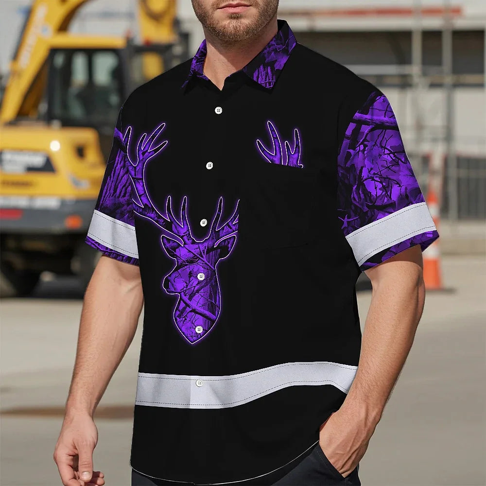 High Visibility Hawaiian Shirt Reflective Black And Violet Neon Hunting Custom Name Safety Workwear For Company, Group, Team, Hunters, Hunting Lovers