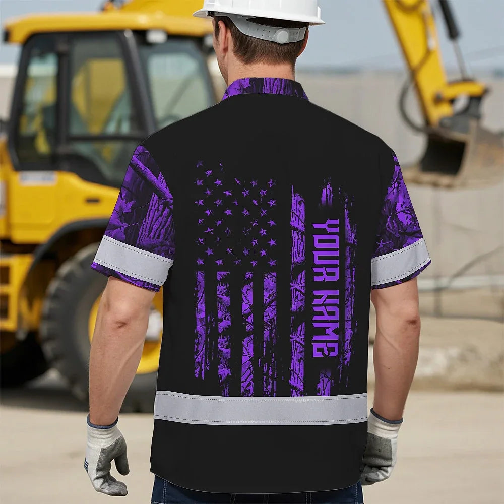 High Visibility Hawaiian Shirt Reflective Black And Violet Neon Hunting Custom Name Safety Workwear For Company, Group, Team, Hunters, Hunting Lovers