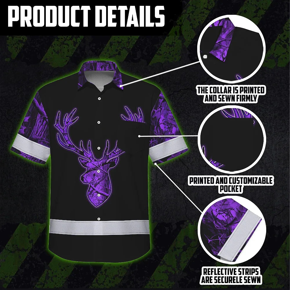 High Visibility Hawaiian Shirt Reflective Black And Violet Neon Hunting Custom Name Safety Workwear For Company, Group, Team, Hunters, Hunting Lovers