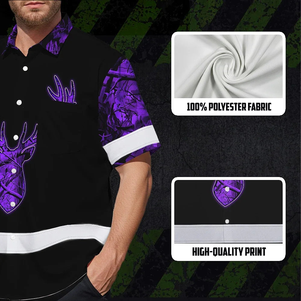 High Visibility Hawaiian Shirt Reflective Black And Violet Neon Hunting Custom Name Safety Workwear For Company, Group, Team, Hunters, Hunting Lovers