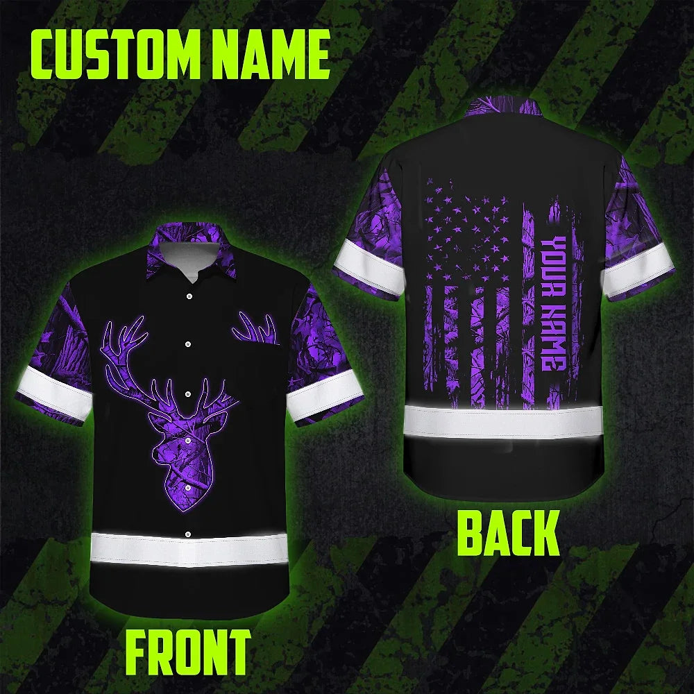 High Visibility Hawaiian Shirt Reflective Black And Violet Neon Hunting Custom Name Safety Workwear For Company, Group, Team, Hunters, Hunting Lovers