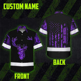 High Visibility Hawaiian Shirt Reflective Black And Violet Neon Hunting Custom Name Safety Workwear For Company, Group, Team, Hunters, Hunting Lovers