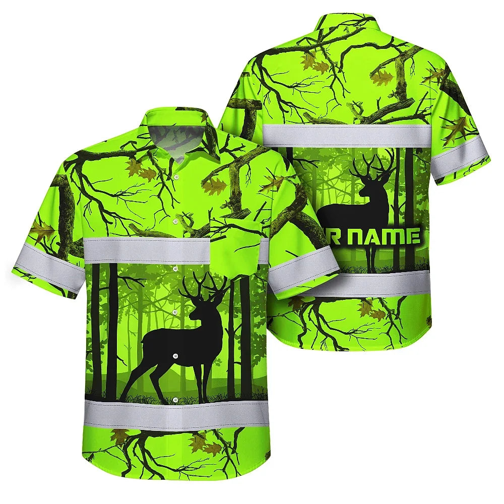 High Visibility Hawaiian Shirt Reflective Deer Hunting Custom Name Safety Workwear