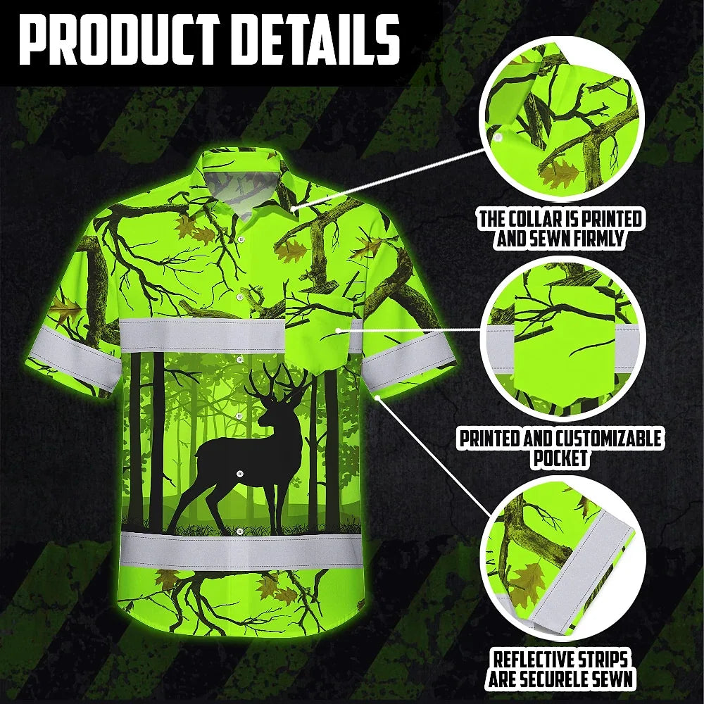 High Visibility Hawaiian Shirt Reflective Deer Hunting Custom Name Safety Workwear