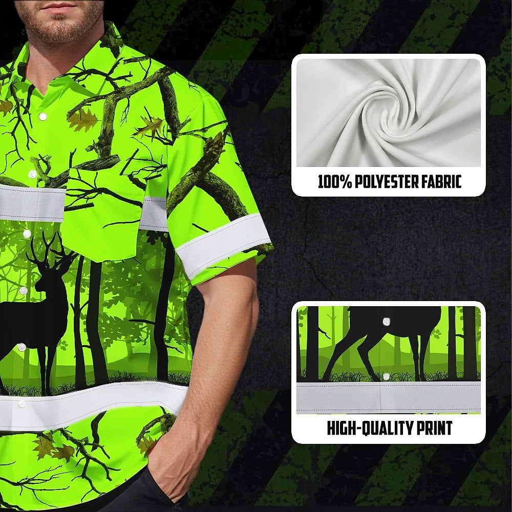 High Visibility Hawaiian Shirt Reflective Deer Hunting Custom Name Safety Workwear