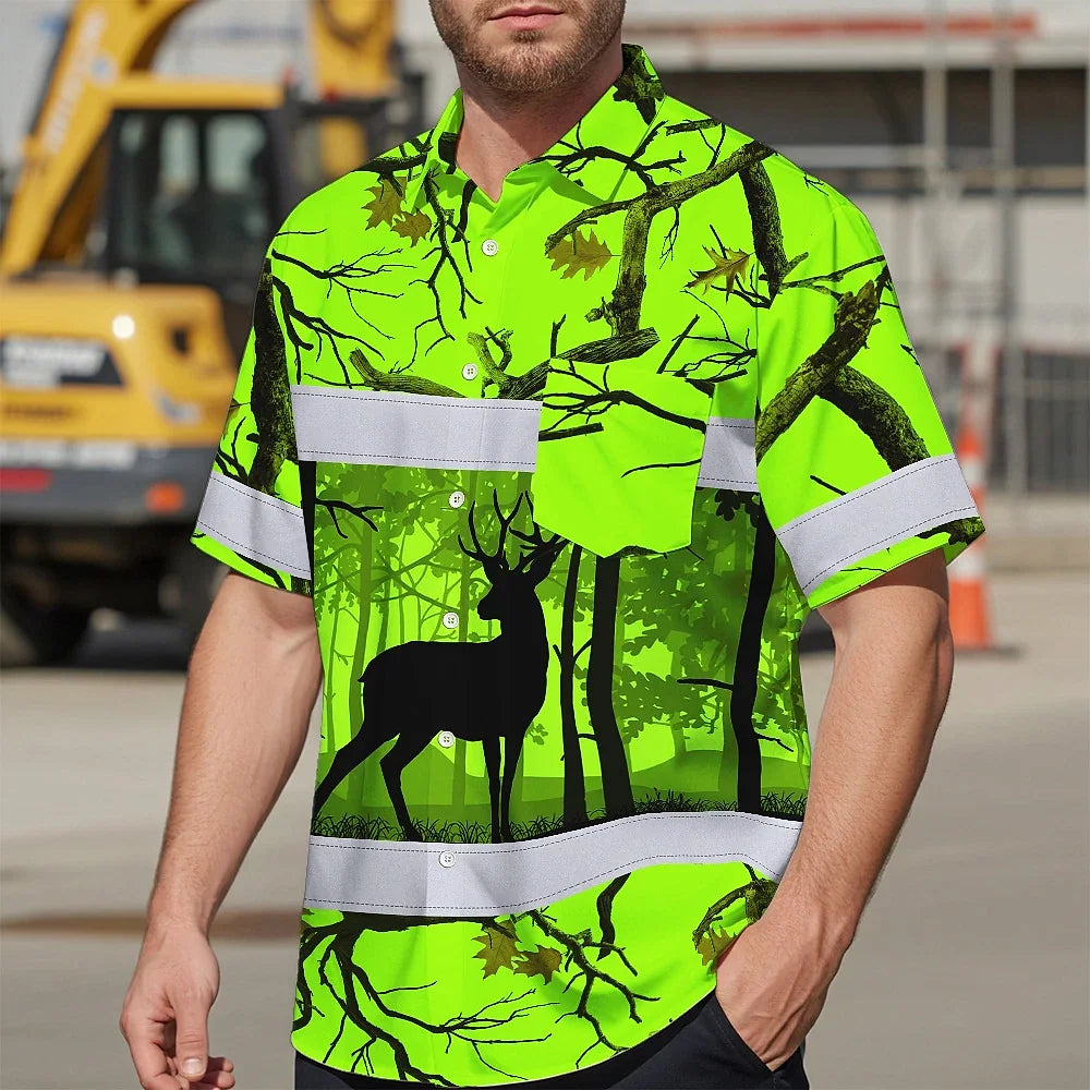 High Visibility Hawaiian Shirt Reflective Deer Hunting Custom Name Safety Workwear