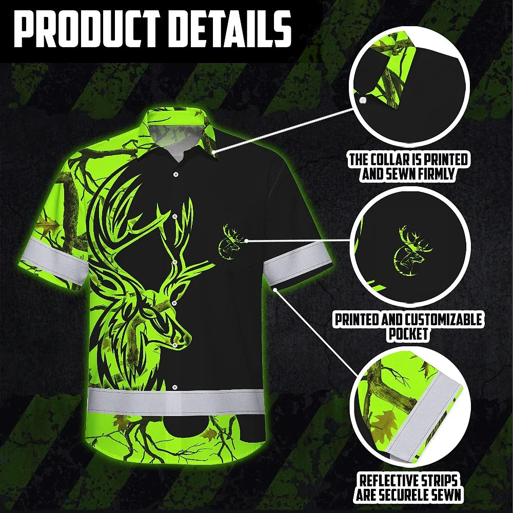 High Visibility Hawaiian Shirt Reflective Green Neon Deer Hunting Custom Name