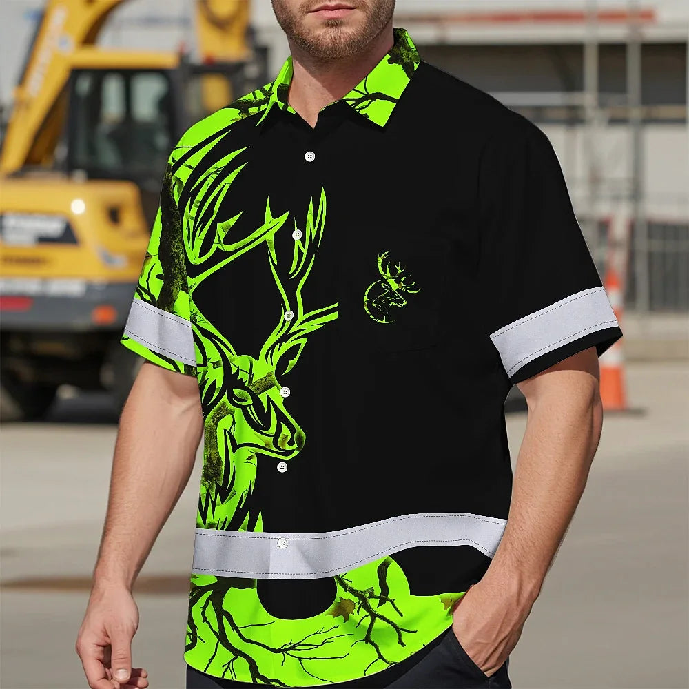 High Visibility Hawaiian Shirt Reflective Green Neon Deer Hunting Custom Name