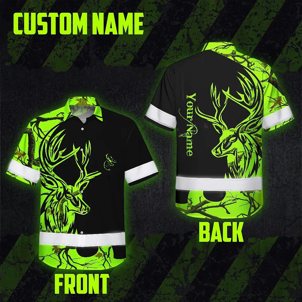 High Visibility Hawaiian Shirt Reflective Green Neon Deer Hunting Custom Name
