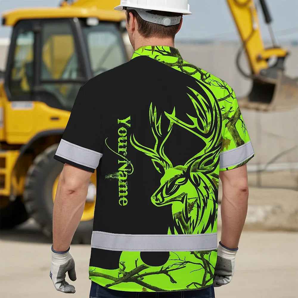High Visibility Hawaiian Shirt Reflective Green Neon Deer Hunting Custom Name