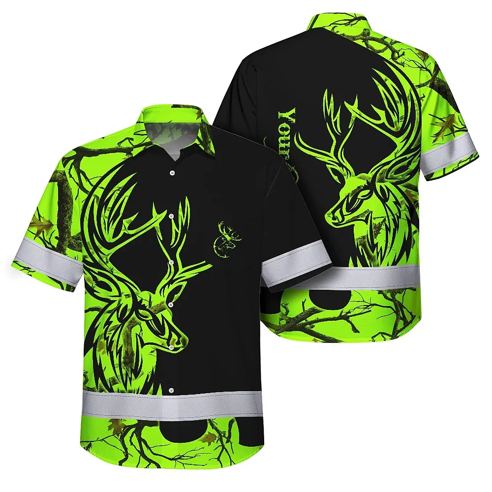 High Visibility Hawaiian Shirt Reflective Green Neon Deer Hunting Custom Name