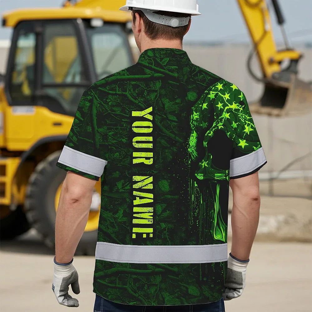 High Visibility Hawaiian Shirt Reflective Green Neon Hunting Camo Skull Custom Name
