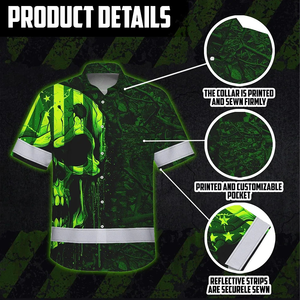 High Visibility Hawaiian Shirt Reflective Green Neon Hunting Camo Skull Custom Name