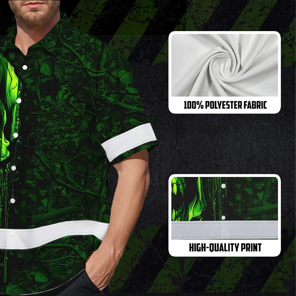 High Visibility Hawaiian Shirt Reflective Green Neon Hunting Camo Skull Custom Name