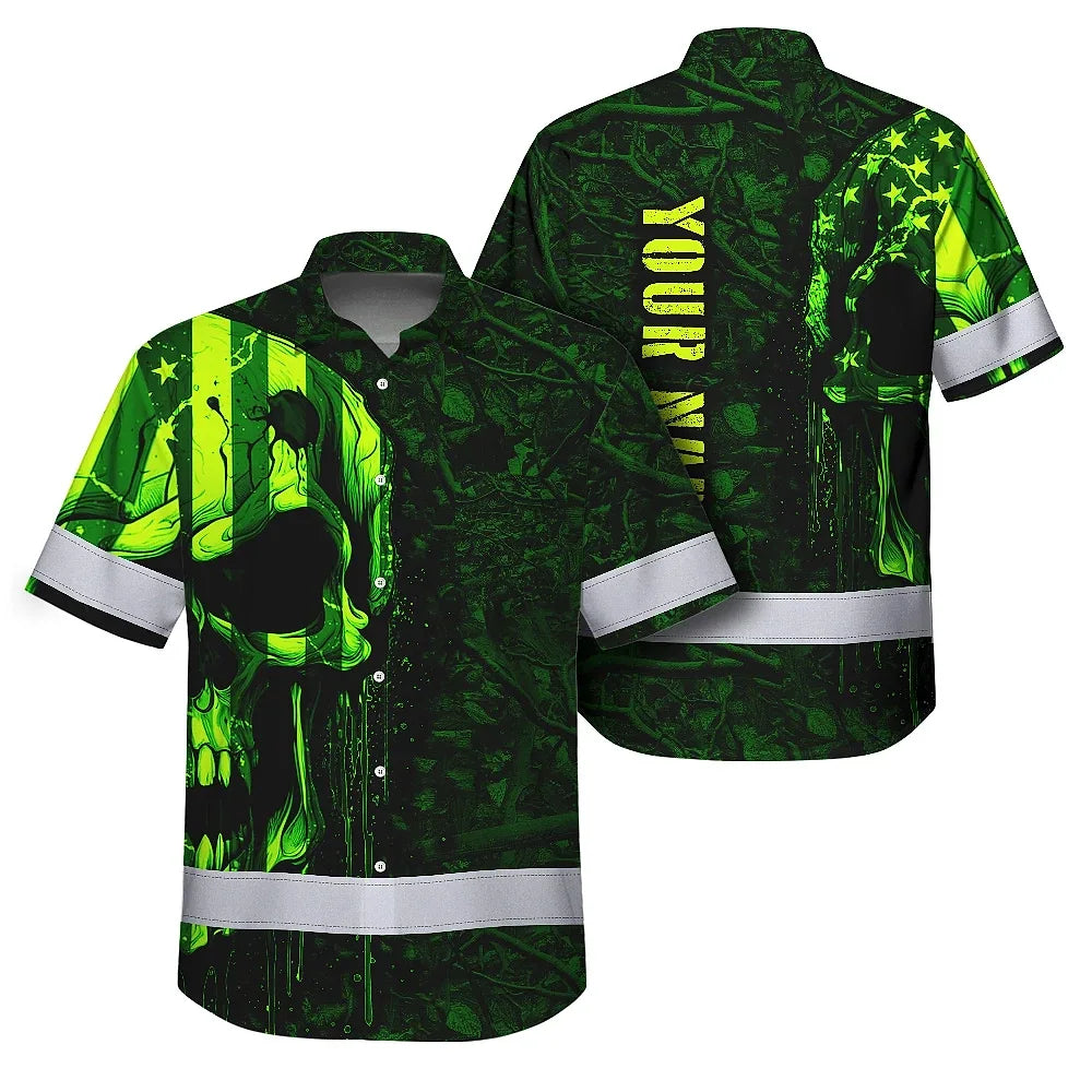 High Visibility Hawaiian Shirt Reflective Green Neon Hunting Camo Skull Custom Name
