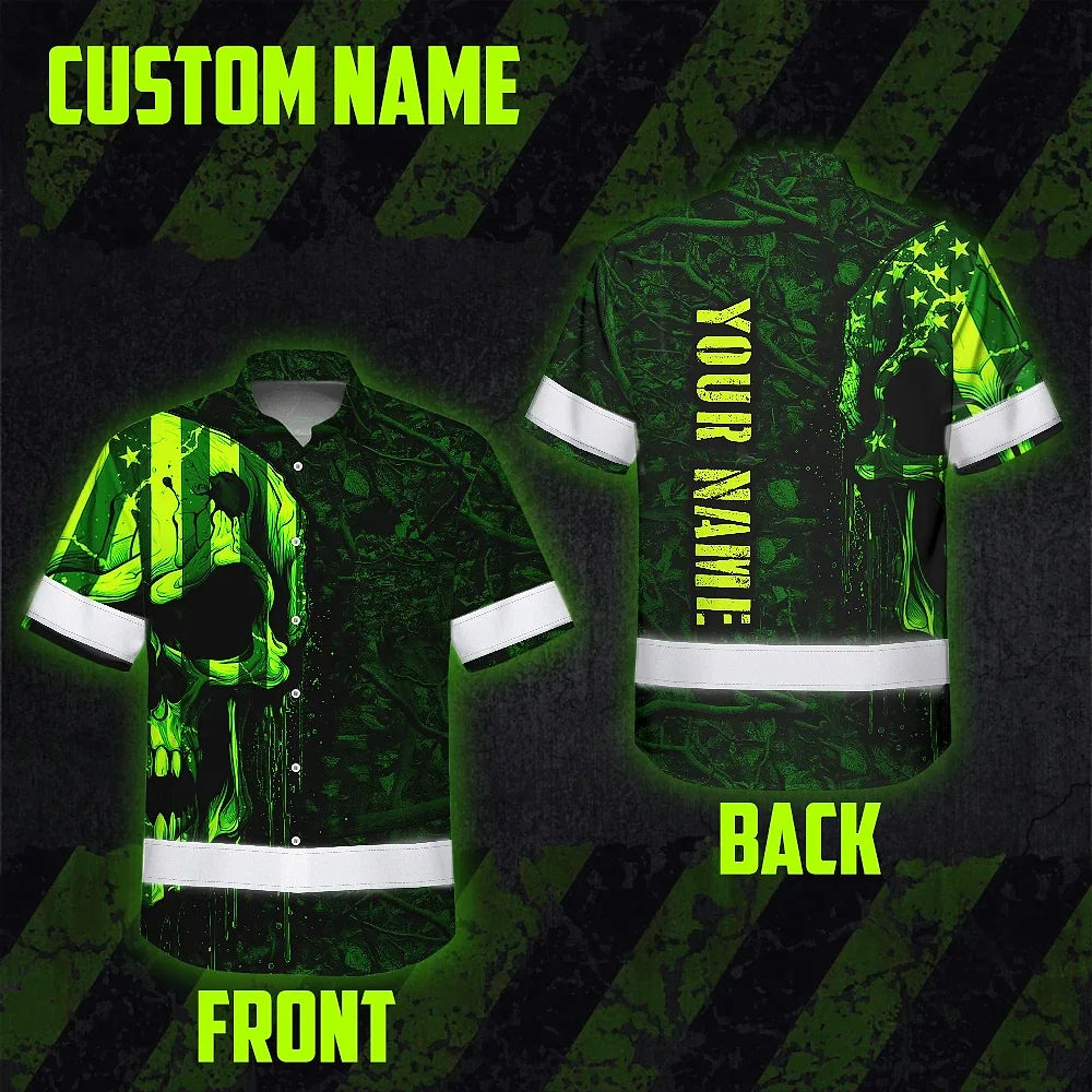 High Visibility Hawaiian Shirt Reflective Green Neon Hunting Camo Skull Custom Name
