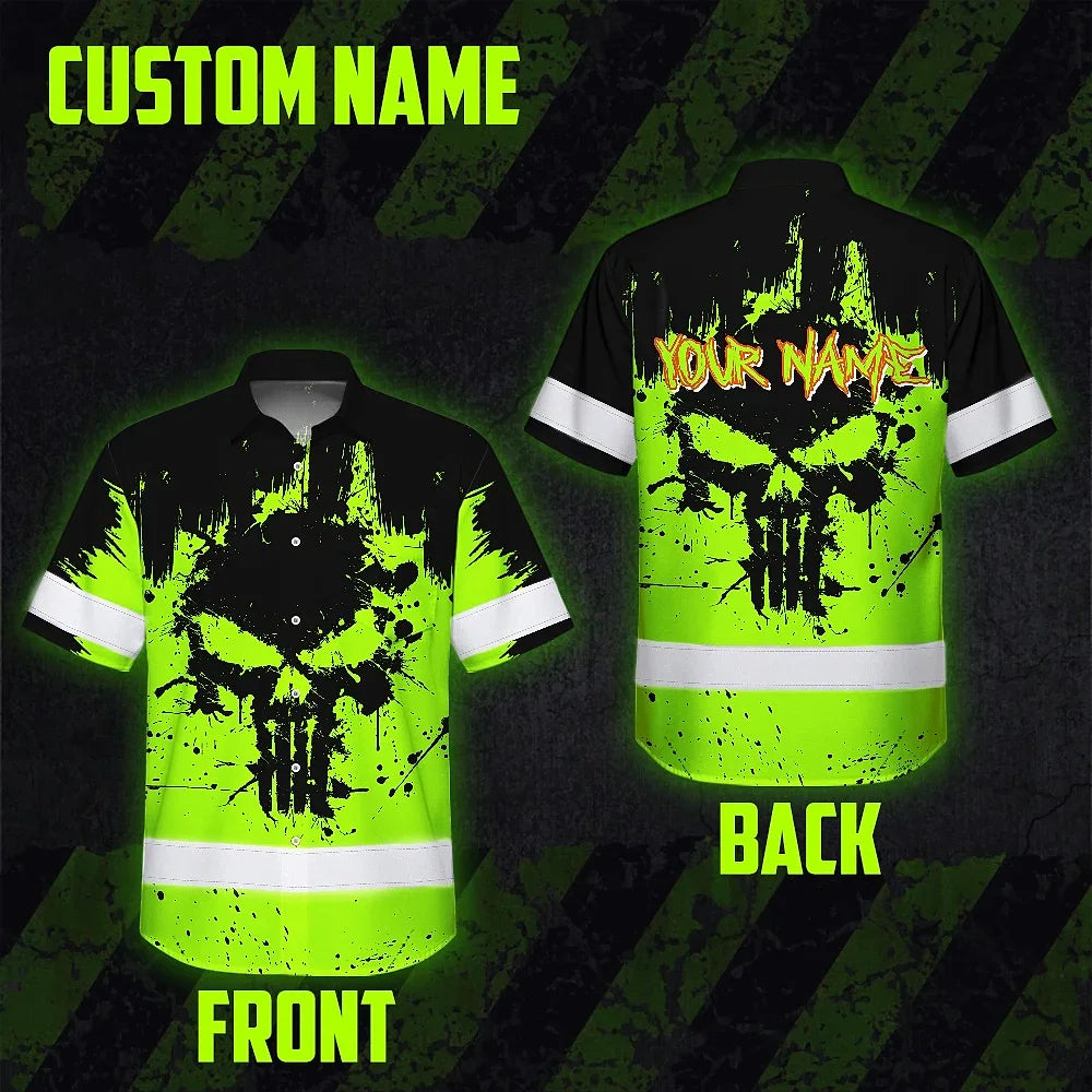 High Visibility Hawaiian Shirt Reflective Green Neon Skull Custom Name Safety Workwear For Workers, Runners, Truckers, Skull Lovers