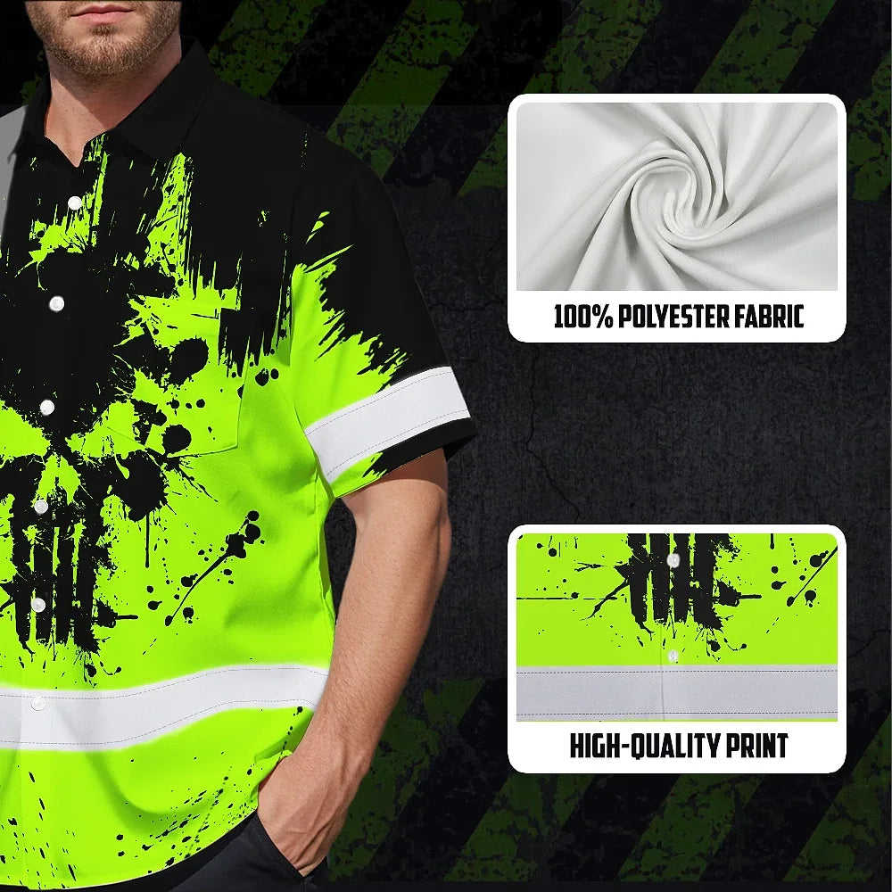 High Visibility Hawaiian Shirt Reflective Green Neon Skull Custom Name Safety Workwear For Workers, Runners, Truckers, Skull Lovers