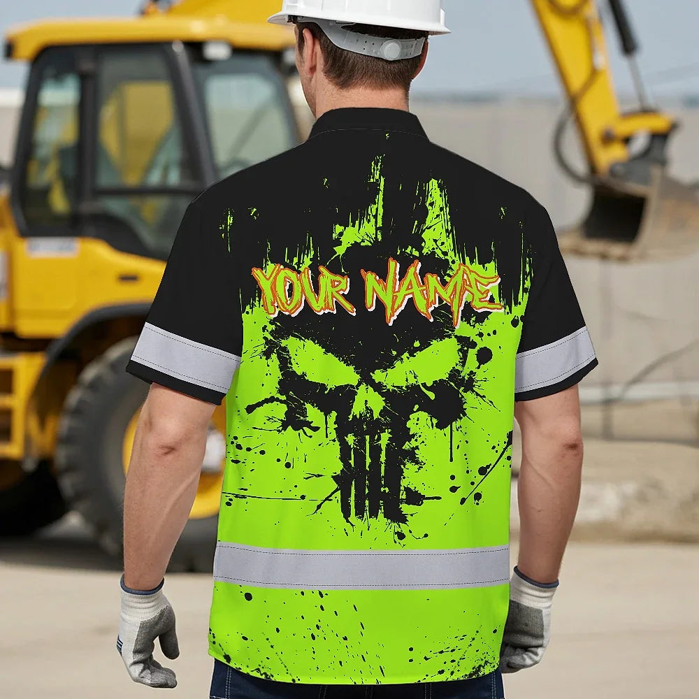 High Visibility Hawaiian Shirt Reflective Green Neon Skull Custom Name Safety Workwear For Workers, Runners, Truckers, Skull Lovers