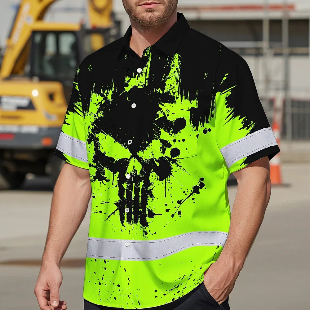 High Visibility Hawaiian Shirt Reflective Green Neon Skull Custom Name Safety Workwear For Workers, Runners, Truckers, Skull Lovers